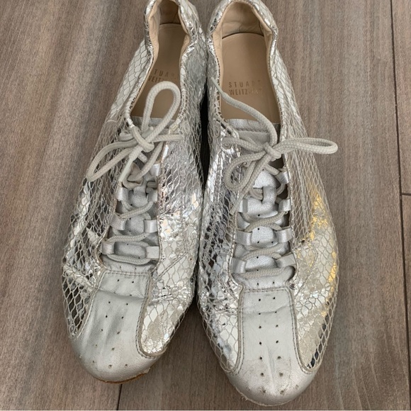 Stuart Weitzman silver leather snakeskin derby lace up shoes size 9.5 - Picture 3 of 7